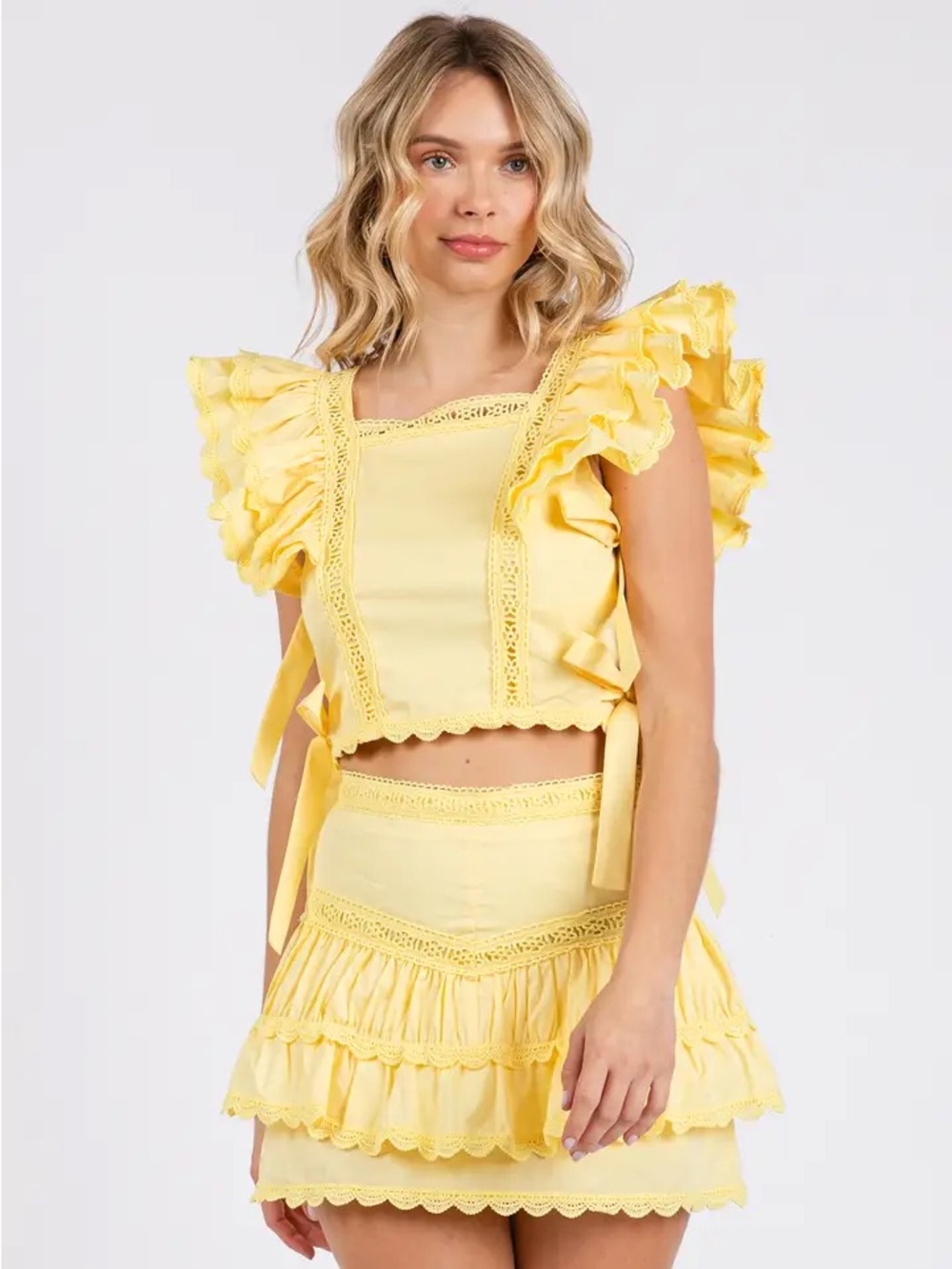 Yellow Ruffle Top & Mini Skirt Set size M